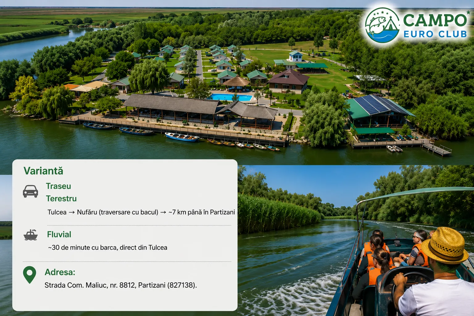 Camping și cazare în Delta Dunării la Campo Euro Club Partizani: vedere aeriană a locației, plimbare cu barca și trasee de acces