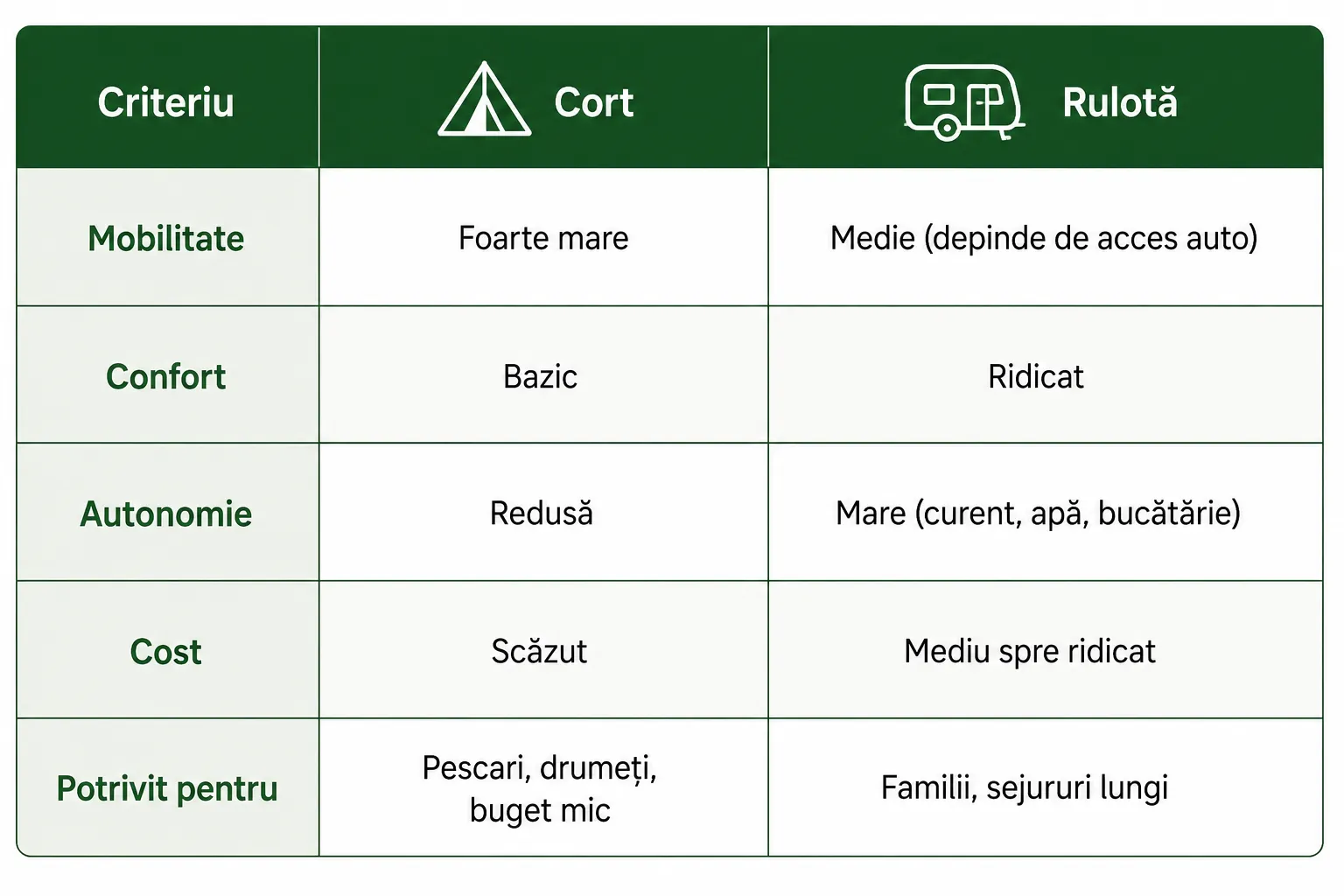 Comparație cort și rulotă pentru camping în Delta Dunării: mobilitate, confort, autonomie și cost