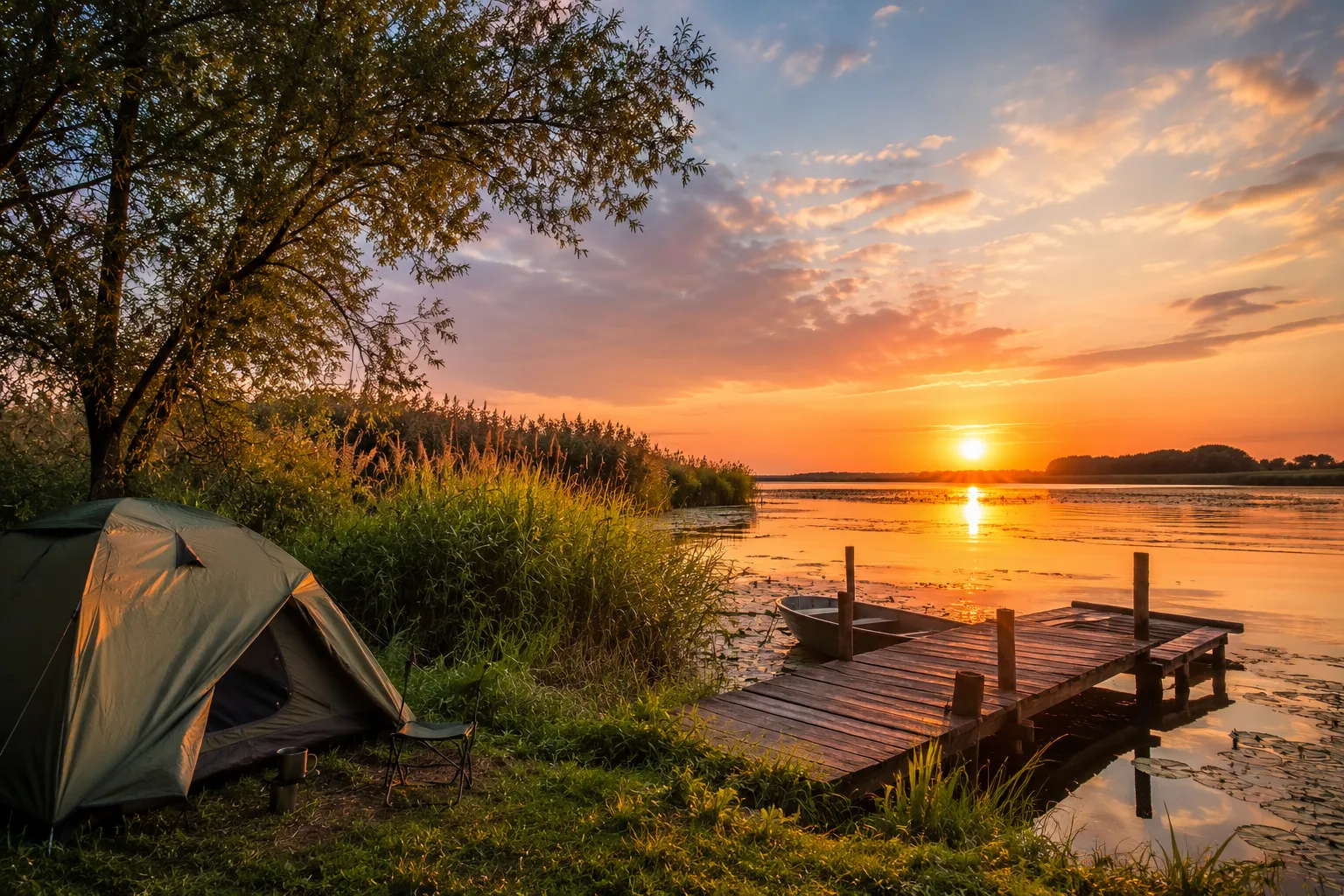 camping în Delta Dunării la răsărit, cort pe malul brațului Sulina