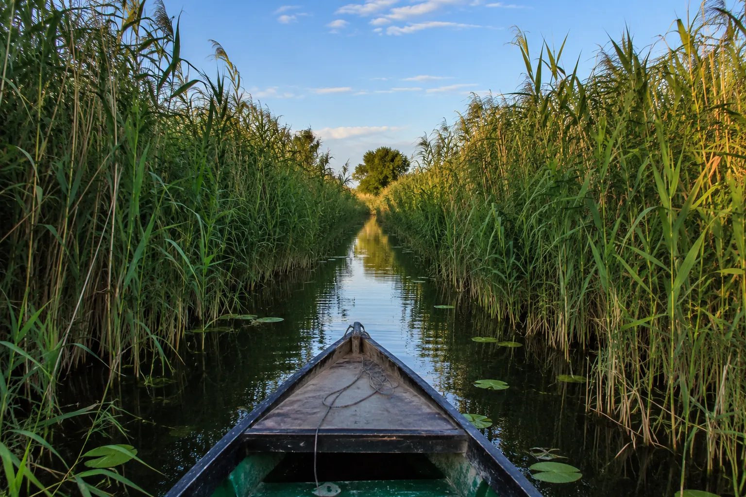 excursie cu barca pe un canal din Delta Dunării, între stufărișuri