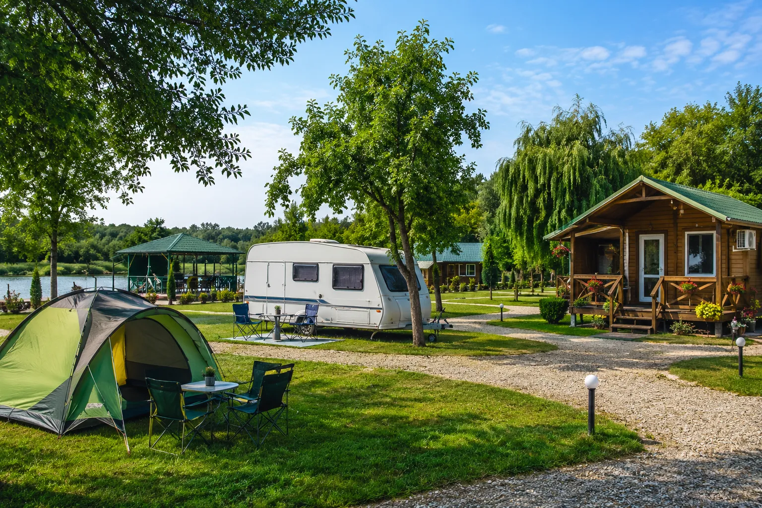 tipuri de camping în Delta Dunării: cort, rulotă și bungalow